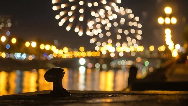 A metal mooring bollard stands on a dark pier overlooking a city river at night