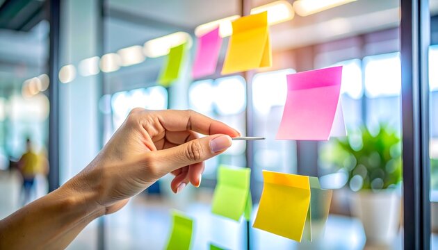 Close up of a person's hand organizing colorful sticky notes on a transparent glass wall for business brainstorming and planning