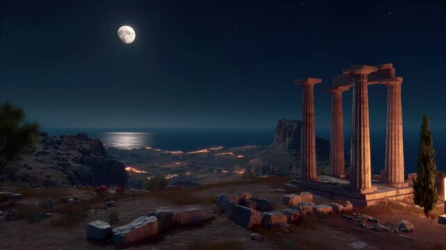 Fantasy, mysterious, wallpaper. A nighttime landscape photograph depicts a majestic temple with three tall, slender columns. The temple is situated on a rocky outcrop.