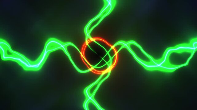 Abstract glowing green energy waves radiating from a central pulsating red circle, dynamic abstract background for technology or science themes