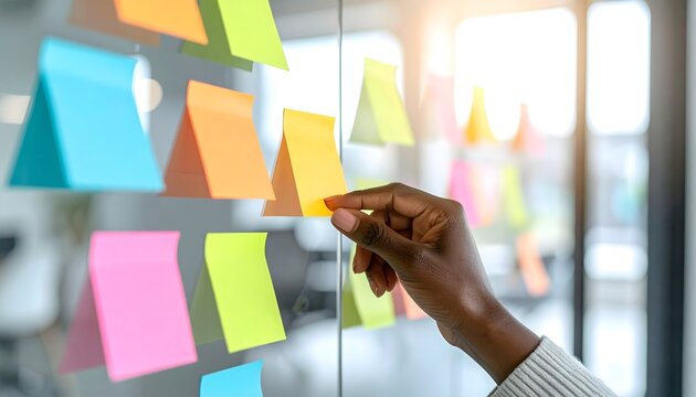 Close-up of a person organizing colorful sticky notes on a glass wall for brainstorming and project planning in an office
