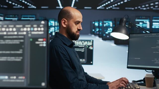 Software developer programs in a high tech data center, reviewing supercomputers and server rows that provide resources for different computing workloads.