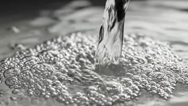 A stream of clear water pours into a pool creating many small bubbles on the surface