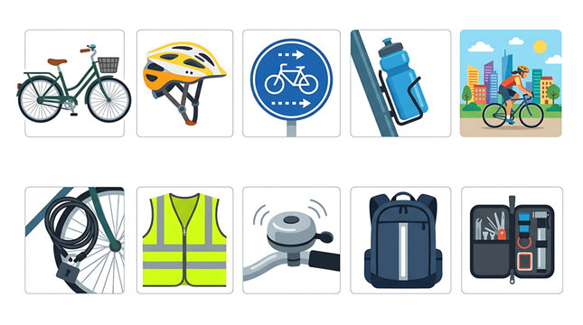 A set of colorful vector icons depicting various bicycle accessories and safety gear