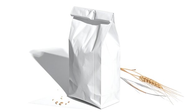 A white, folded paper bag rests next to a sprig of wheat on a clean, white background, with a prominent shadow