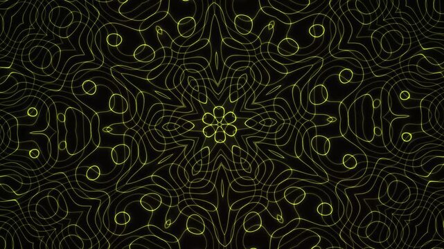 abstract yellow glowing geometric pattern with swirling lines and dots on black background, digital art, motion background