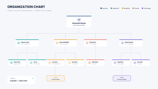 Organization chart template with CEO, executive team, department color coding, reporting lines, open hiring roles, and headcount summary. Editable vector diagram for HR, presentations, pitch decks, co