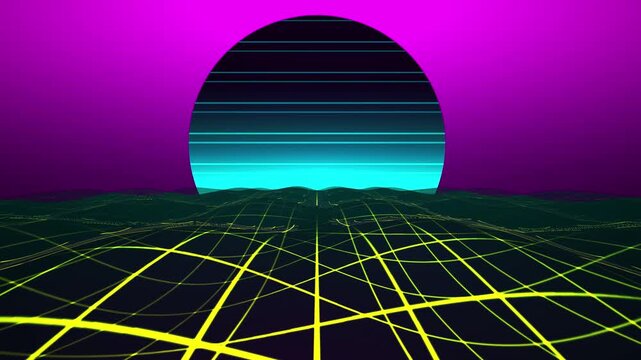 Retro synthwave sunset over a glowing neon grid landscape, 80s retrofuturism style, digital art with purple sky and turquoise sun.