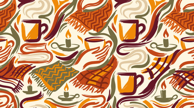 Coffee mugs and knitted scarves create a cozy autumn pattern suitable for seasonal textile design.