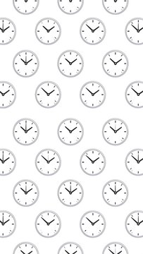 Analog Clocks Scattered in a Repetitive Pattern on a White Background