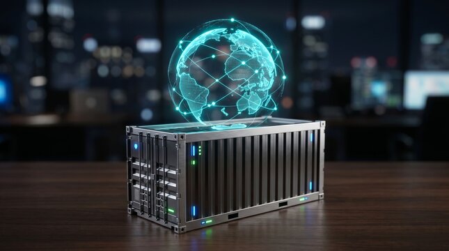 A miniature shipping container with a glowing blue digital earth globe above it sits wooden table in an office at night 3d rendered
