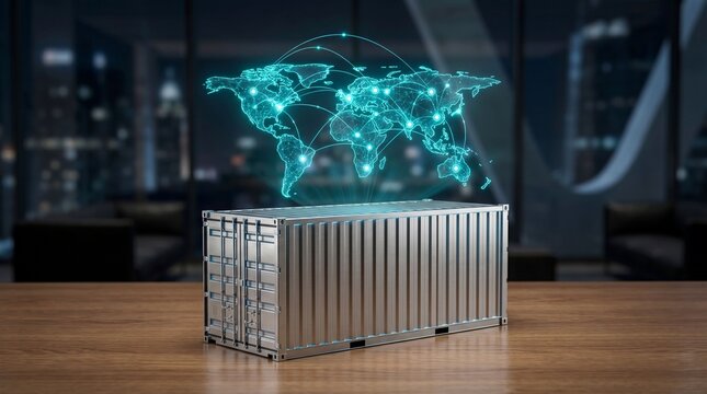 A shiny metal shipping container sits on a wooden table with a glowing world map above it, 3d rendered