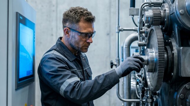 Man wearing protective glasses and work gloves inspects industrial machinery in a modern factory setting