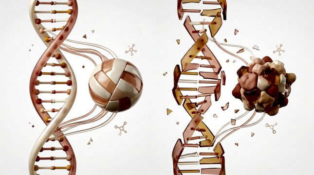 A stylized 3d rendered image depicts a volleyball attached to a healthy DNA strand and a damaged DNA strand.