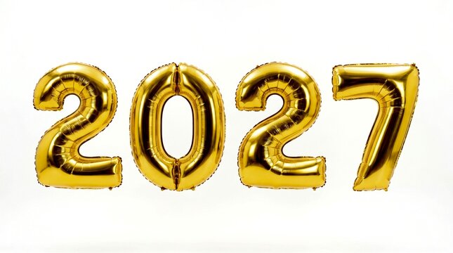 Golden foil balloon numbers forming the year 2027 stand out brightly against a clean.