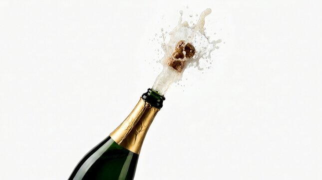 A green champagne bottle with a gold foil top pops its cork and sprays bubbly liquid in a celebratory moment.