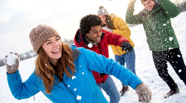 Happy diverse young friends are enjoying a playful outdoor snowball fight on a snowy winter day