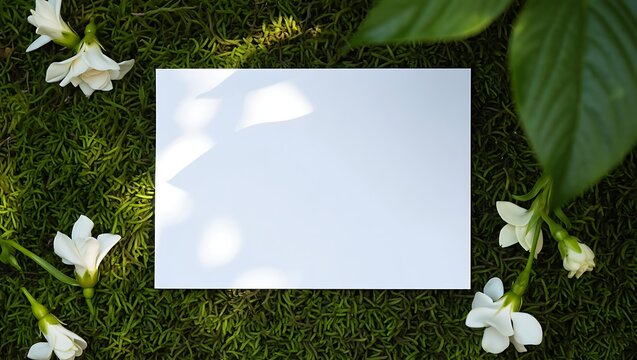Blank White Card Mockup with Flowers on Green Nature Background