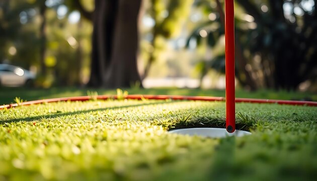 A miniature golf course with a red border and a hole in the green grass, CREATED WITH GENERATIVE AI