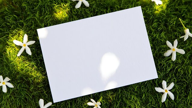 Blank White Card Mockup with Flowers on Green Nature Background