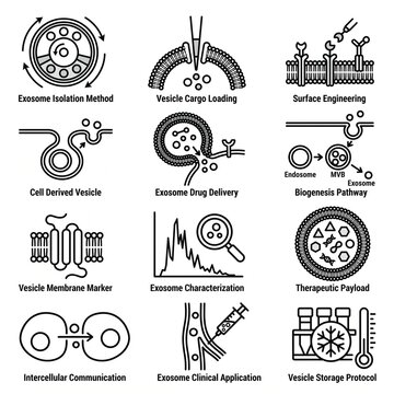 Set of exosome and vesicle related line icons illustrating cellular processes drug delivery and therapeutic applications for biotechnology research