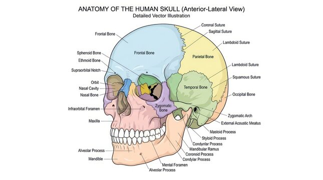 Detailed anterior lateral view of human skull anatomy illustrating bone structure clearly.