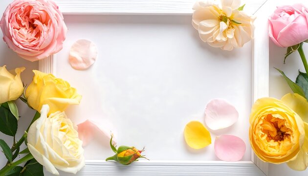 A white framed center is accented with various colored roses and petals scattered about on a light background