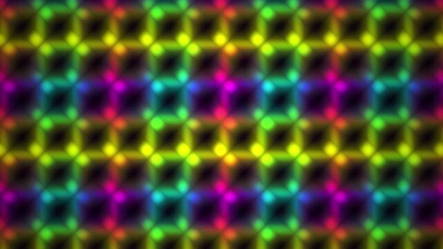 Abstract geometric grid pattern with glowing neon cross shapes in vibrant rainbow colors, motion background, loopable