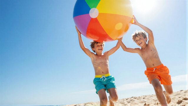 Two joyful boys carry a giant beach ball on a sunny sandy day.