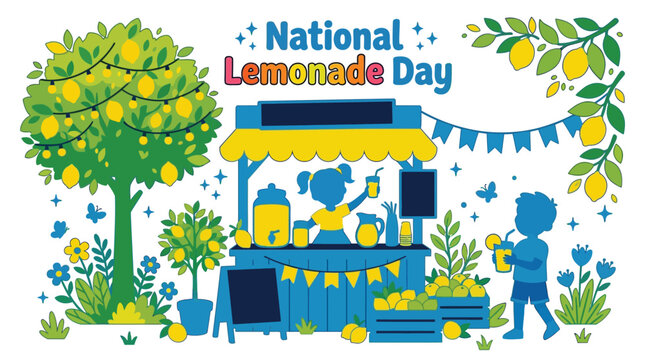 National lemonade day celebration featuring a cute little girl running a yellow and blue beverage stand with fresh citrus fruit trees and a happy boy drinking a refreshing cold glass.