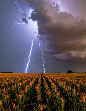 Lightning Striking Over a Field of Crops