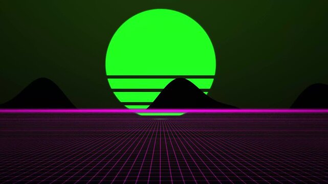 Retro wave landscape with neon grid, mountains, and a large green sun setting, synthwave aesthetic, digital art