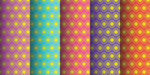 Luxury floral seamless pattern vector background set with elegant golden polygon mandala ornaments in bright colors. © Shofikul islam