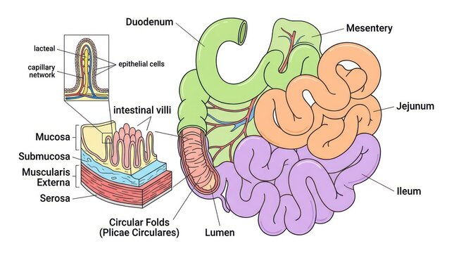 Anatomical view of small intestine layers and villi with mesentery and circular fold detail.