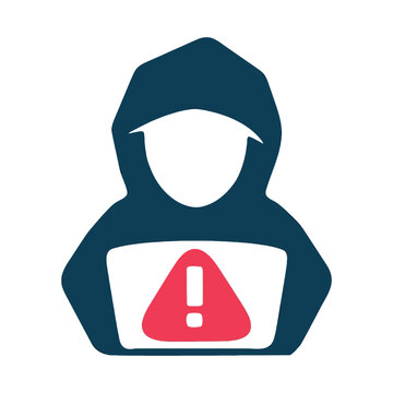 Stylized hacker in a hoodie with a red warning sign on a laptop screen, concept for cybersecurity awareness, data breach alert, and malicious software.