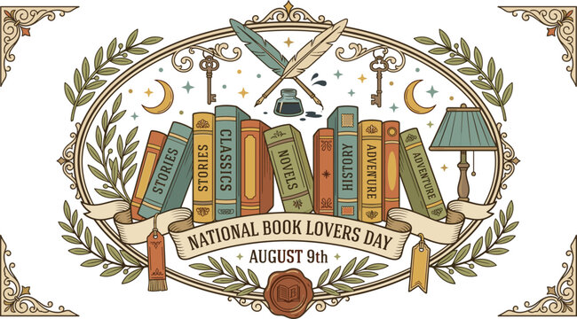 Vintage National Book Lovers Day Illustration with Classic Books Quill Pens Literary Symbols and Decorative Reading Celebration Frame