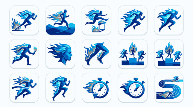 Blue flame running athlete icons and speed symbols.