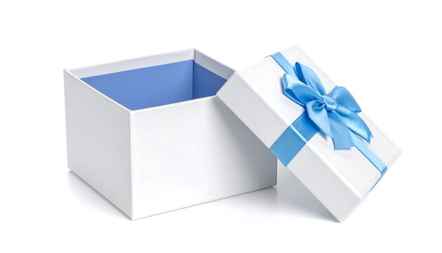 A white gift box, open to reveal a blue interior, is topped with a blue ribbon bow