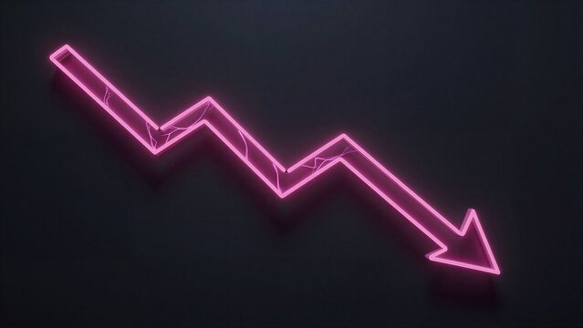 Pink neon arrow graph shows downward trend against dark background.