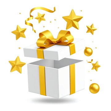 A white gift box, partially opened, with a golden ribbon and bow. Gold stars and orbs float around. Ribbons, too