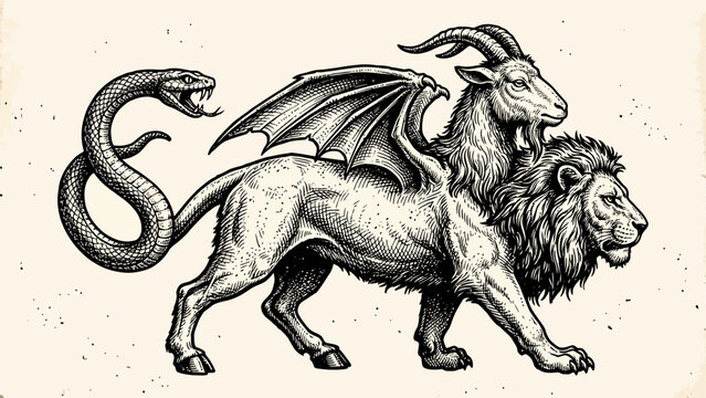 Mythological chimera beast with lion body goat head and snake tail, ancient greek monster, vintage engraving style , stock vector