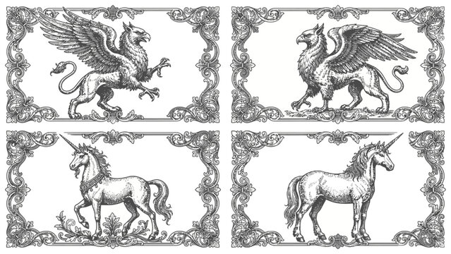 Mythological creature engraving set, vintage heraldic griffin and unicorn framed elements, classic gothic line art , stock vector