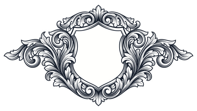 Vintage heraldic blank shield frame with floral flourish ornaments, classic royal crest border, detailed line engraving , vector illustration