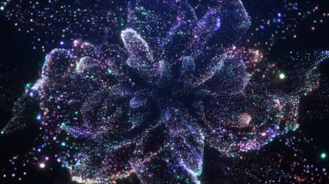 mesmerizing abstract cosmic bloom evolving in space with vibrant particles