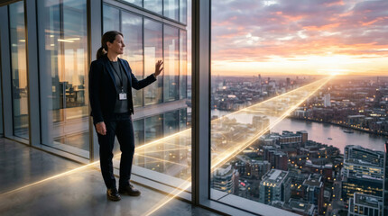 Fototapeta premium Female Engineer Gazes at Digital Network over City Skyline at Sunset