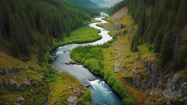 Aerial journey through serene mountain river valley landscape