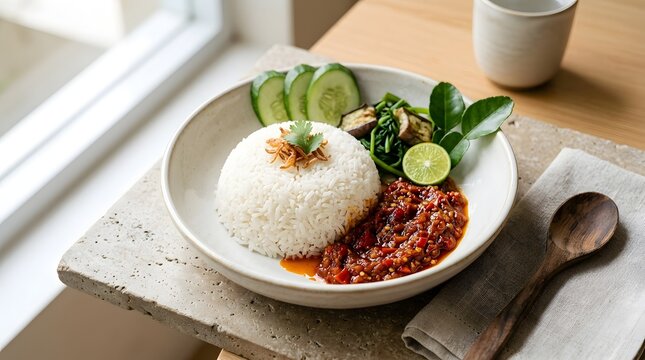Spicy sambal chili paste with rice and fresh vegetables