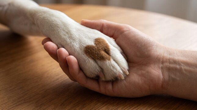 Close Up Of Human Hand Holding A Dog Paw With A Heart Shaped Brown Spot