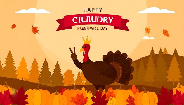 Turkey with Crown Making Peace Sign in Autumn Forest