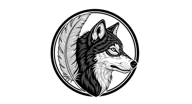 Wolf head and feather illustration in circular black frame